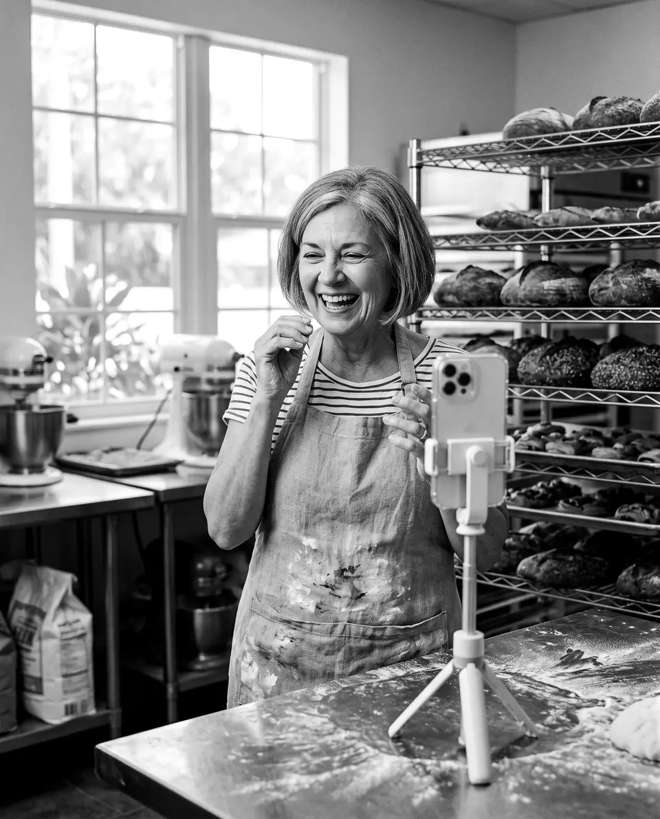 A bakery owner recording herself on a phone in her kitchen