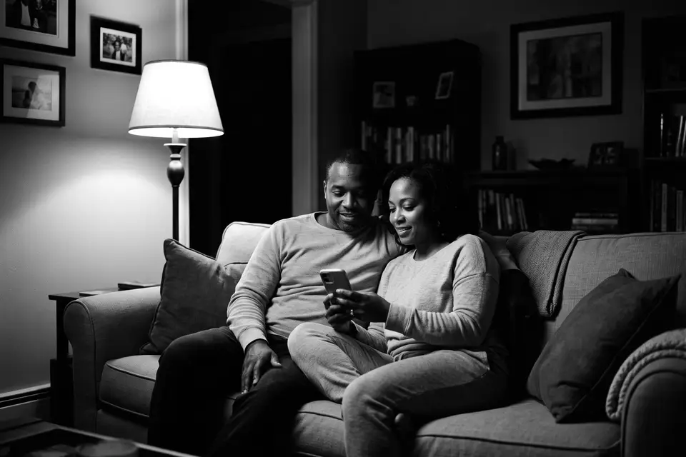 A couple on their couch late at night, browsing a local business website on a phone