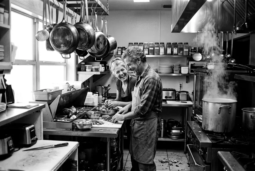 A husband and wife prepping food together in their restaurant kitchen