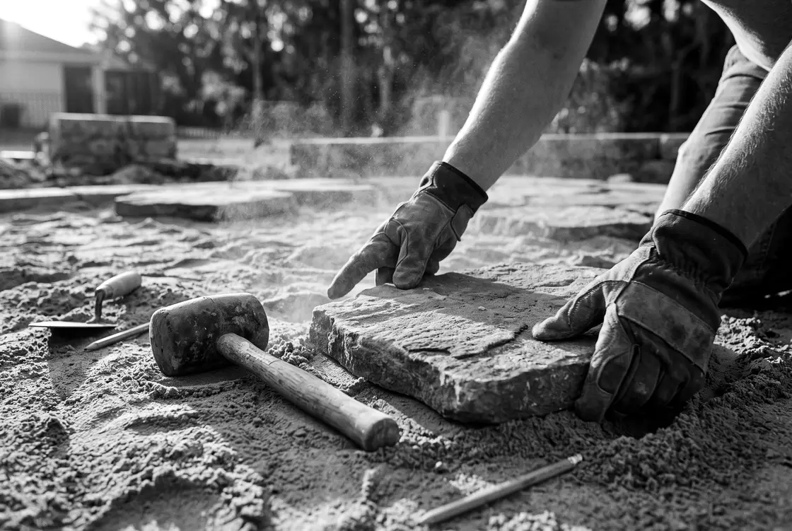 Close-up of gloved hands setting a stone paver on a new backyard patio