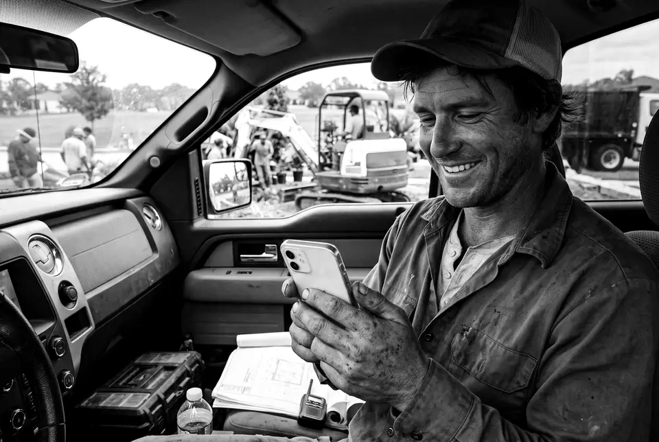 A landscaper in his truck smiling at a new lead text on his phone
