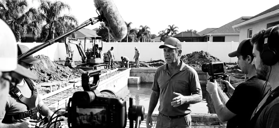 A small video crew filming the owner of a pool-building company on his job site